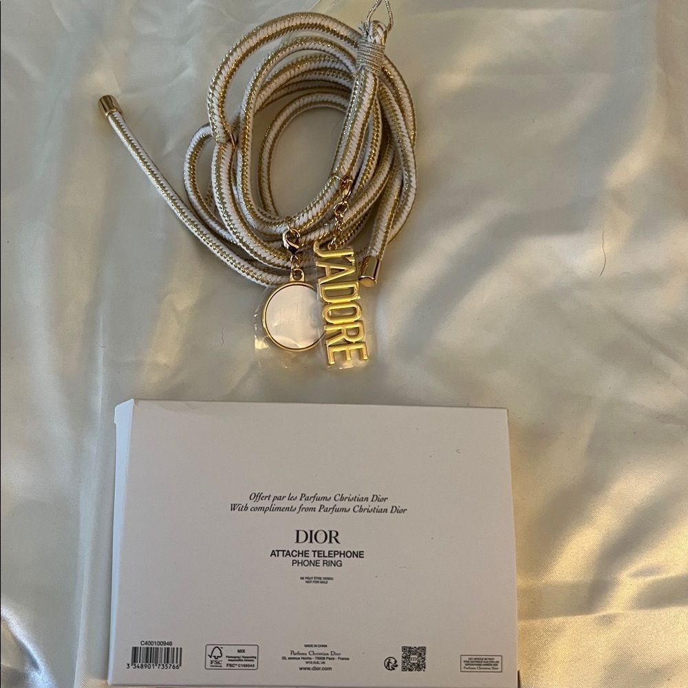 DIOR Phone Lanyard Strap Gold & White Rope Lanyard with J'ADORE Charms - New - Picture 8 of 8